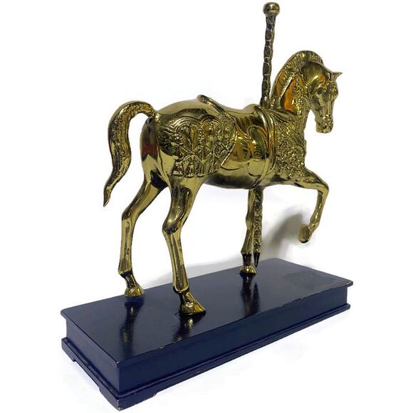Brass Carousel Horse on Lacquer Wood Base Wildwood Accents 9" x 10.5" - Picture 3 of 7